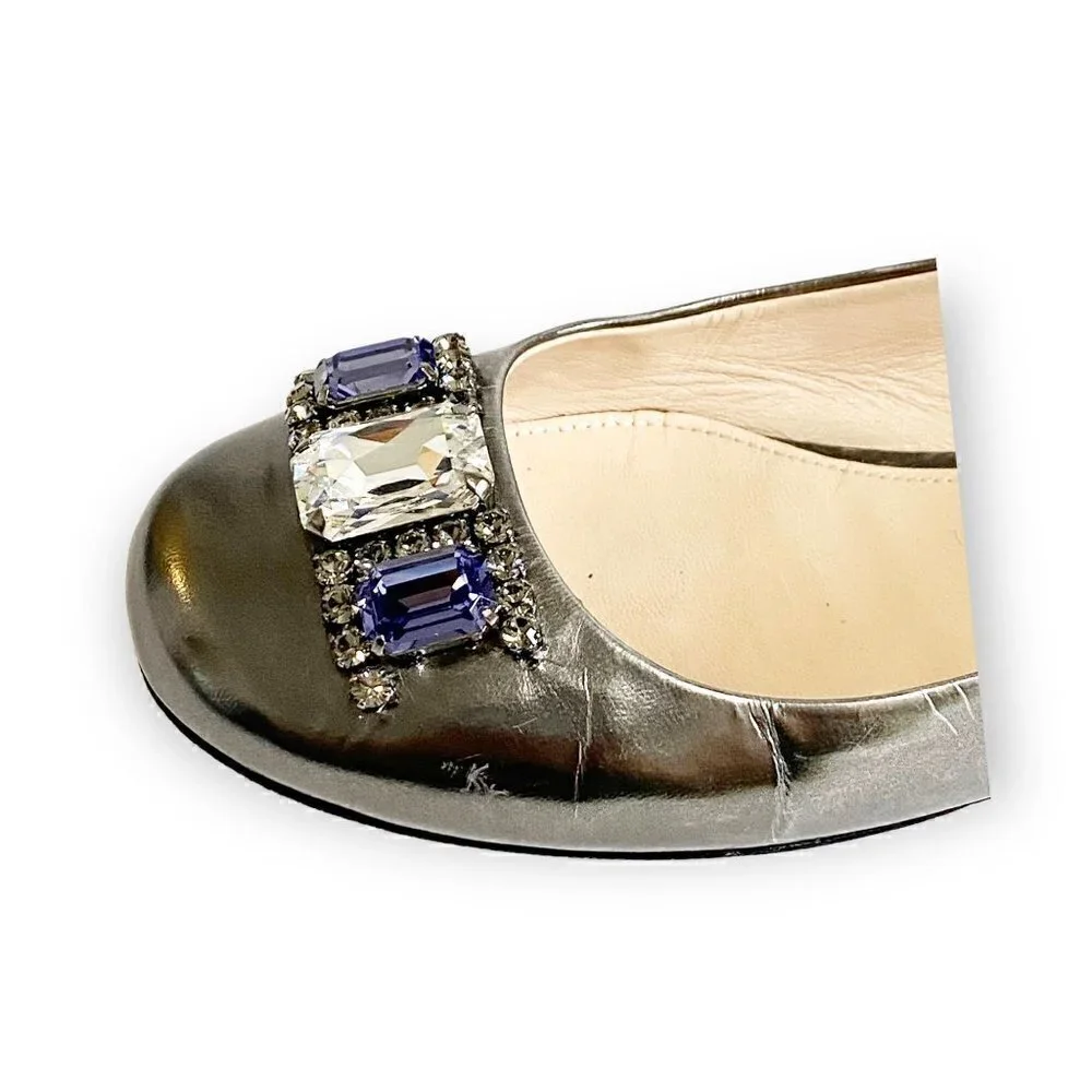 Prada pewter leather jewelled flats, size 38.5 EU